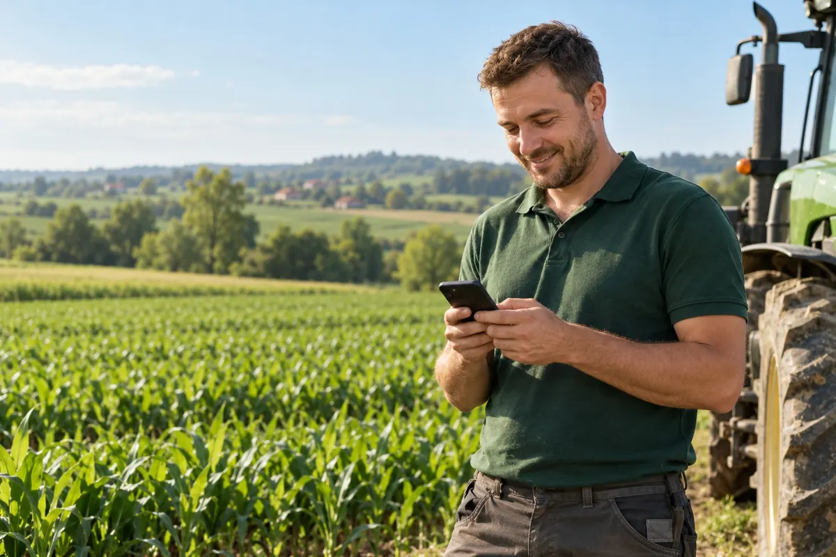 Poljoprivrednik u polju kukuruza provjerava natječaje na mobitelu